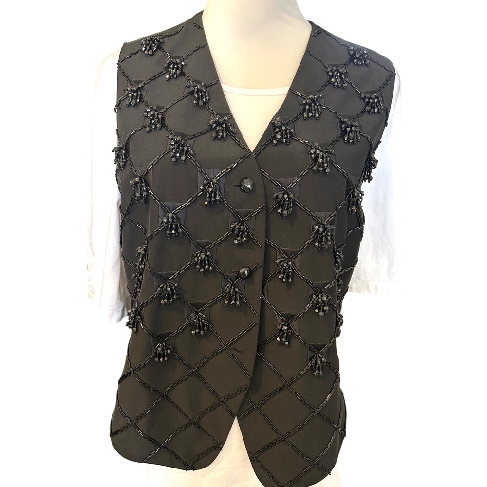 Vintage I.B. Diffusion Black Silk Beaded Vest Size 10 Hong Kong 90s Glamour